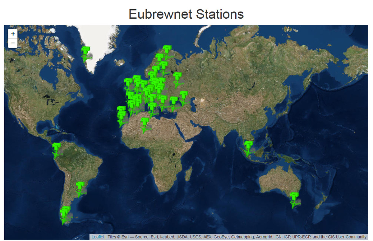 Figure 2 : Aperçu de la répartition des stations qui transmettent leurs mesures vers la base de données Eubrewnet.