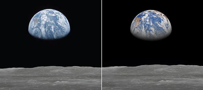 Beeld gemaakt door NASA Apollo 11 van de maan op 20 juli 1969 rond 05h UTC (links) en het overeenstemmende pseudo-beeld gemaakt van een 29u 28 km resolutie ECMWF voorspelling op basis van ERA40 gegevens (rechts). Beide beelden zijn gecentreerd over de Westelijke Stille Oceaan, met de evenaar die bijna verticaal loopt en met Australië zichtbaar links in een bruine kleur.