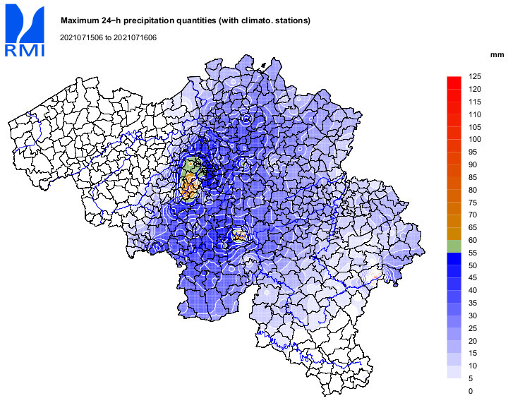 Cartes provisoires des quantités de précipitations relevées entre les 14 et 15 juillet 8h TL, et entre les 15 et 16 juillet 8h TL