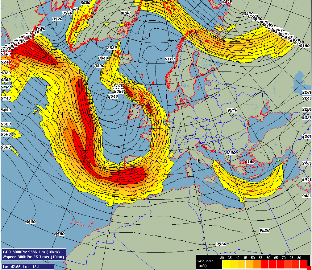 Figuur 2. Hier wordt de windsnelheid in m/s getoond voor het drukniveau van 300 hPa. De straalstroom