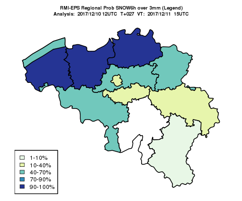 Probabilité de chute de neige estimée à plus de 3 mm sur la base de RMI EPS (cas du 11/12/2017).