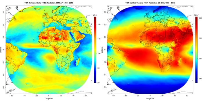 Figures 1 et 2: Moyenne des flux solaires réfléchis (à gauche) et thermiques émis (à droite) au sommet de l’atmosphère sur la période 1983-2015.