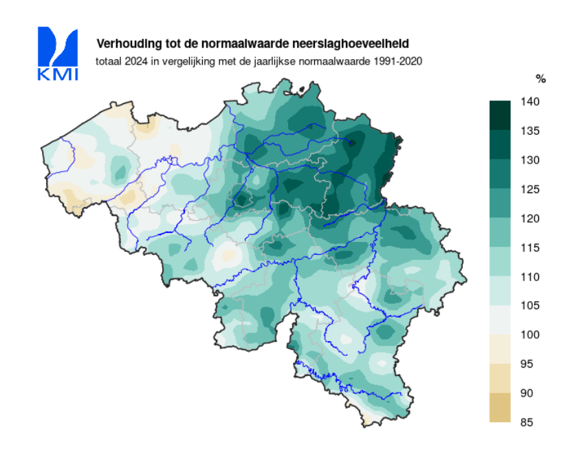 Fig. 4: Percentuele afwijking van de lokale neerslaghoeveelheden van 2024 (gegevens t.e.m. 19 december 2024) ten op zichte van de normaalwaarde (1991-2020).