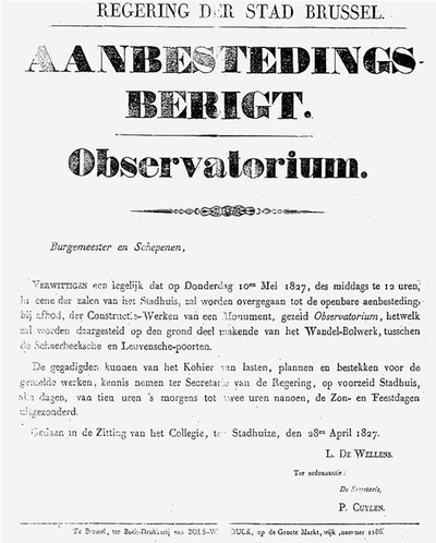 Aanbestedingsbericht voor de bouw van de Koninklijke Sterrenwacht van Brussel (Archief van de Stad Brussel – Astronomisch Bulletin, Volume XI, 1996)