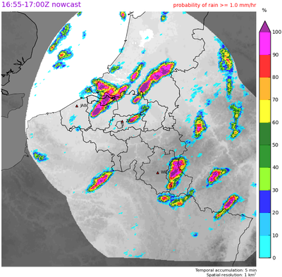 Kaart met de waarschijnlijkheid op matige neerslag (>1mm/uur) voorspeld door STEPS-BE