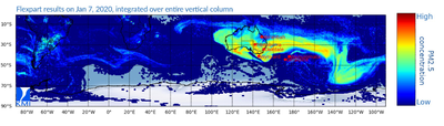 Résultats de la dispersion simulée le 7 janvier 2020. Cette figure montre que les particules provenant des feux de forêt en Australie ont fait le tour du monde.