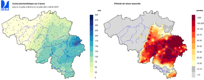 A gauche : distribution des quantités de précipitations sur 3 jours pour la période du 13 juillet (8h CEST) au 16 juillet 2021(8h CEST). A droite : périodes de retour des quantités de précipitations pour la période du 13 juillet au 16 juillet 2021.