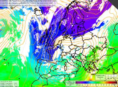Kaart op basis van de ECMWF-modelvoorspellingen voor aanstaande vrijdag om 2u00 (0u00 UT), die het binnendringen van polaire koude lucht boven West-Europa laat zien (de kleuren zijn gekoppeld aan de temperatuur op 1500 m). De storing krult zich rond de Benelux (in het wit) en is de bron van de winterse neerslag.