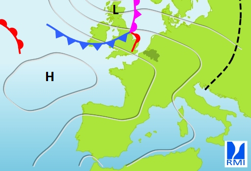 Figuur 3. Een warmtefront, verbonden aan een depressiekern nabij Schotland, nadert ons land.